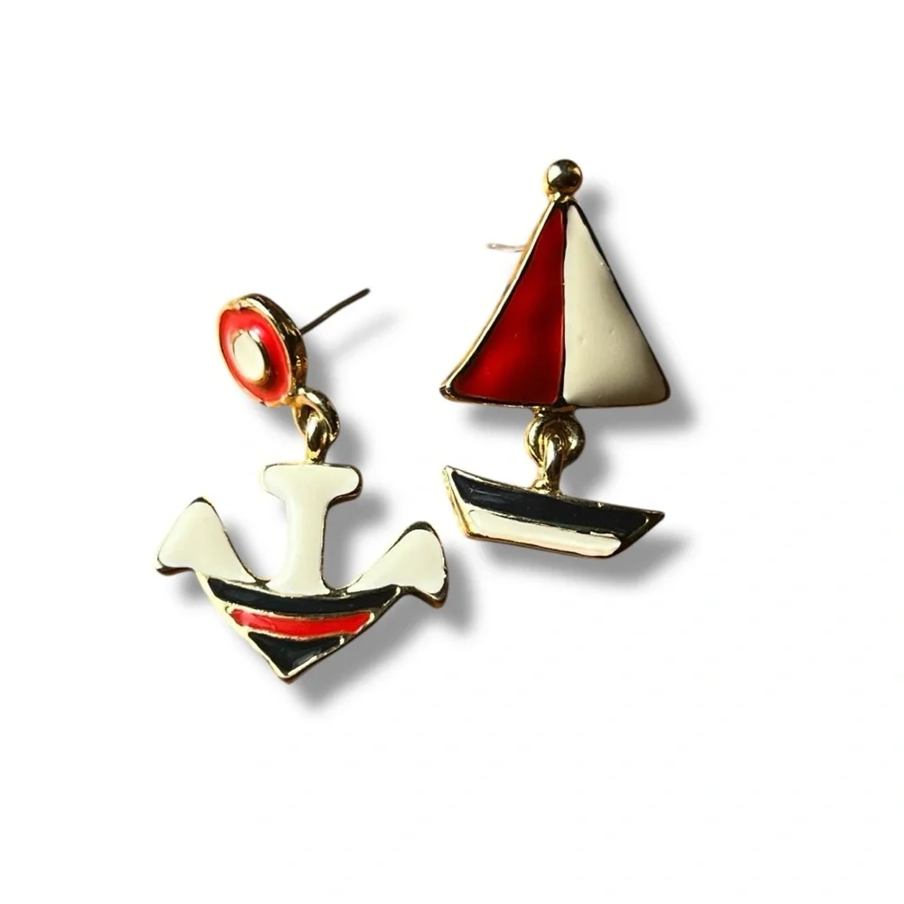 Nautical Red White and Blue Enamel and Gold Post Earrings Anchor Sailboat